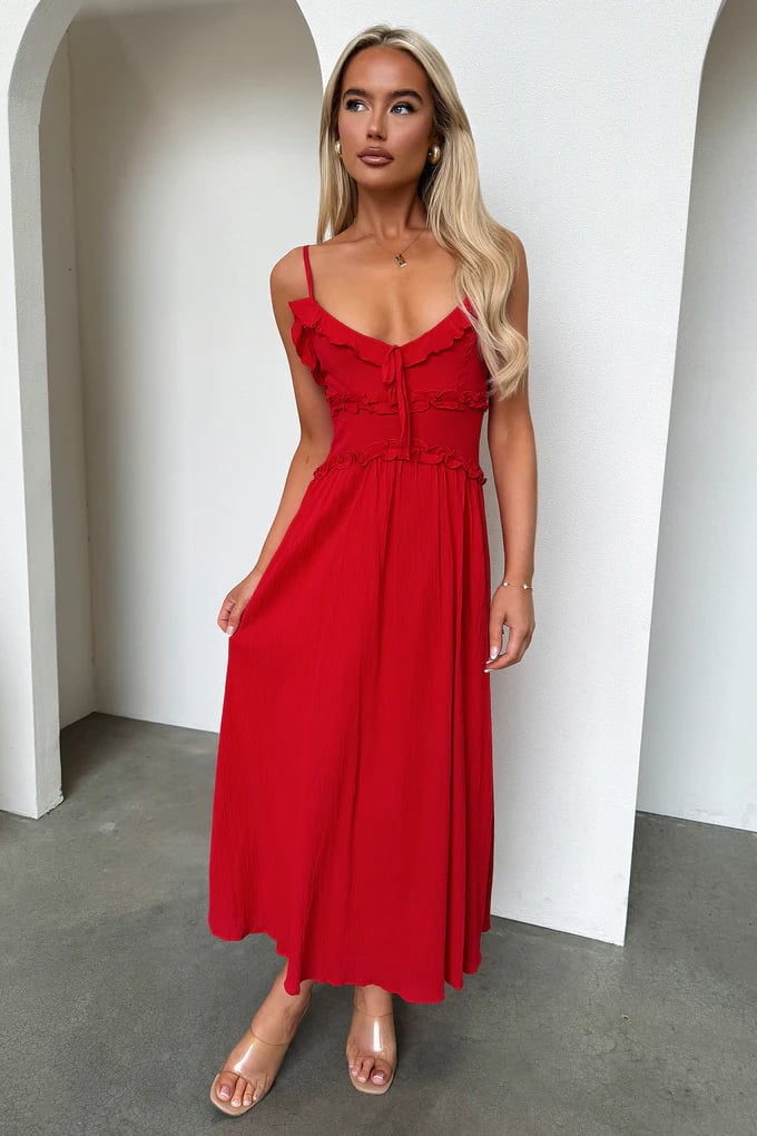 Dbvacay Red halterneck ruffled Maxi Dress