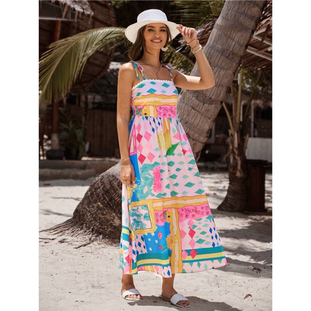 Dbvacay Vacation patchwork printed spaghetti strap Maxi Dress