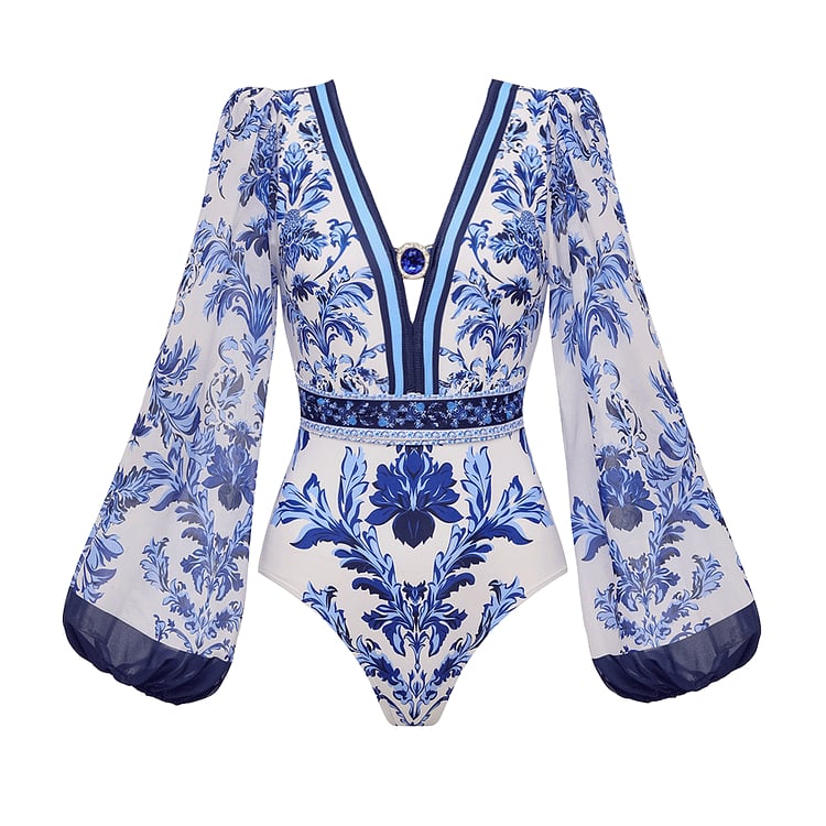 Long Sleeve Flower Color Block Print Swimsuit Set