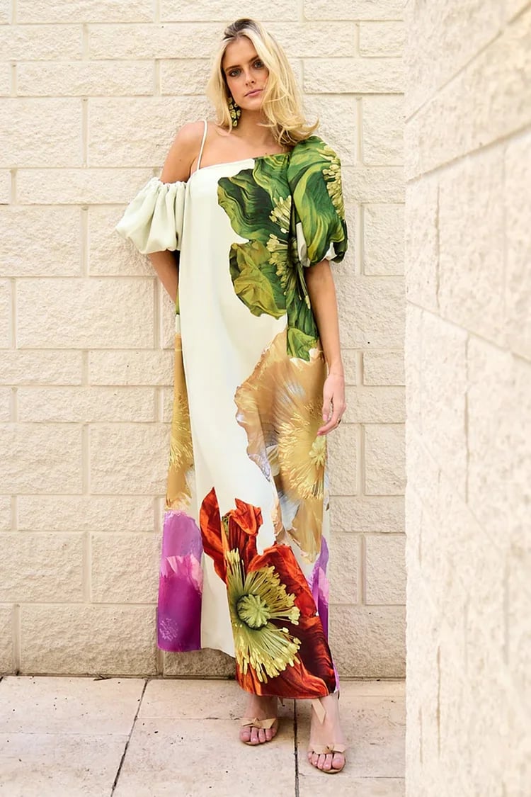 Dbvacay Floral Printed Open Shoulder Maxi Dress