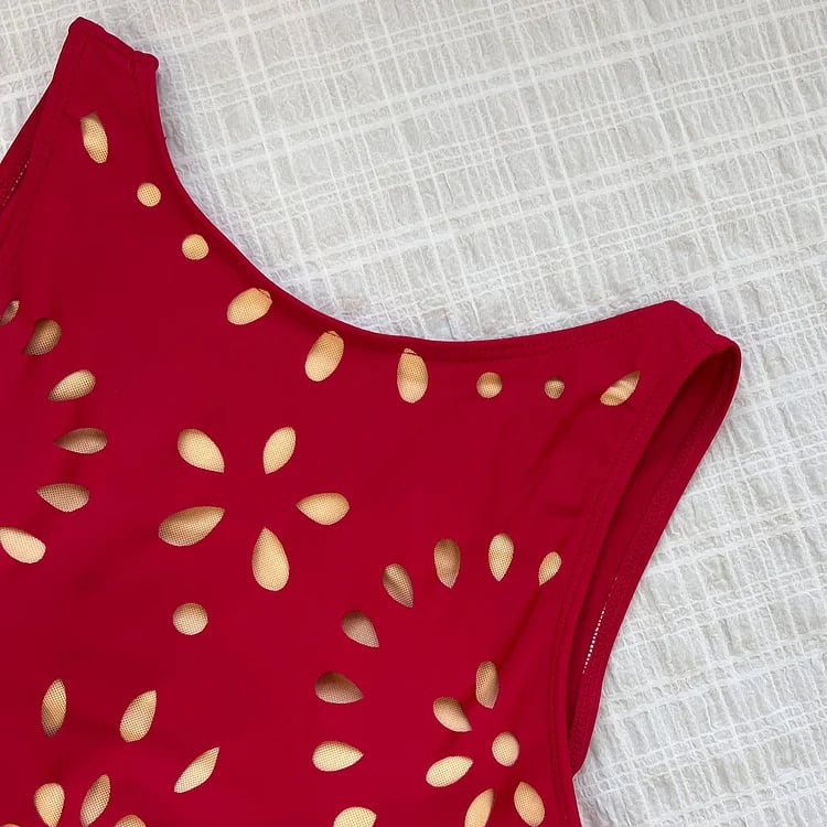 Laser Cutting Flower Hollow Flared Skirt Swimsuit Set