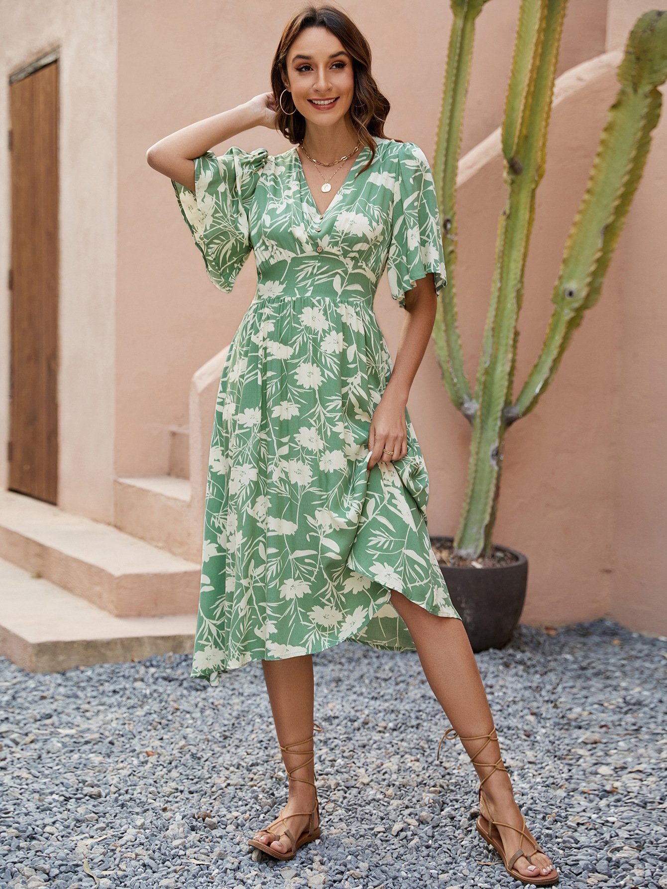 Dbvacay Floral printed V-neck short-sleeved waist-cinching Dress
