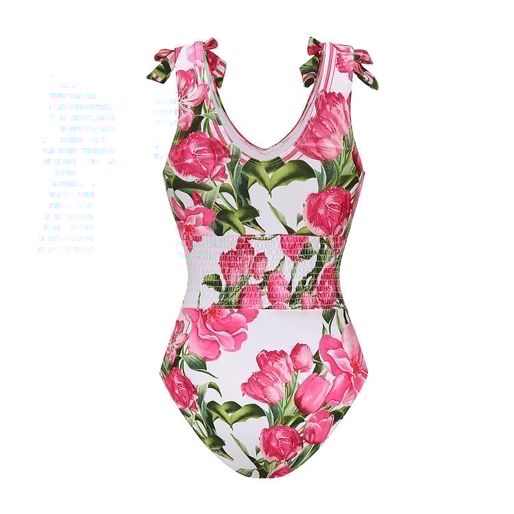 Tie Shoulder Flower Print One Piece Swimsuit Set