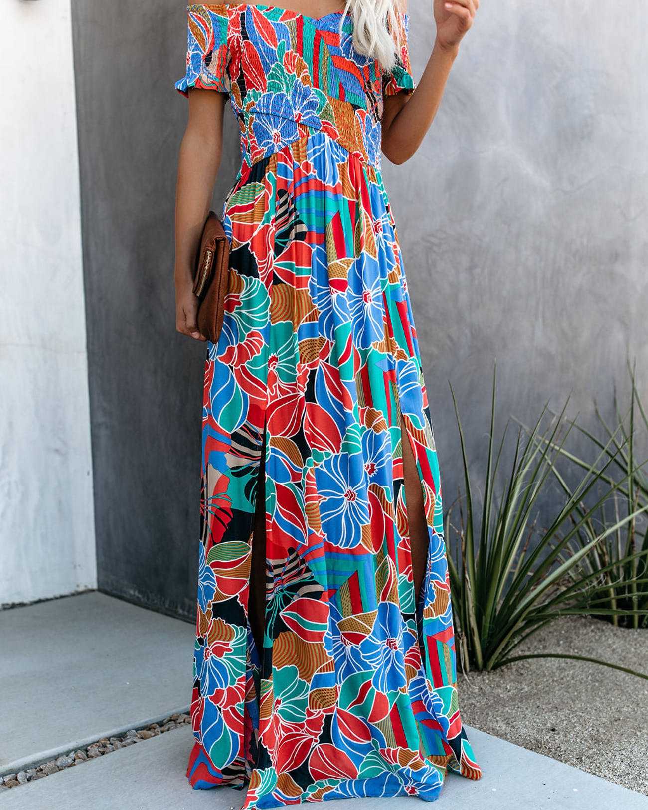 Dbvacay Plant Print Ruched Maxi Dress