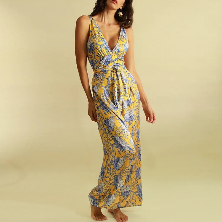 Dbvacay Tie-Waist Floral Print Pants Swimsuit Set
