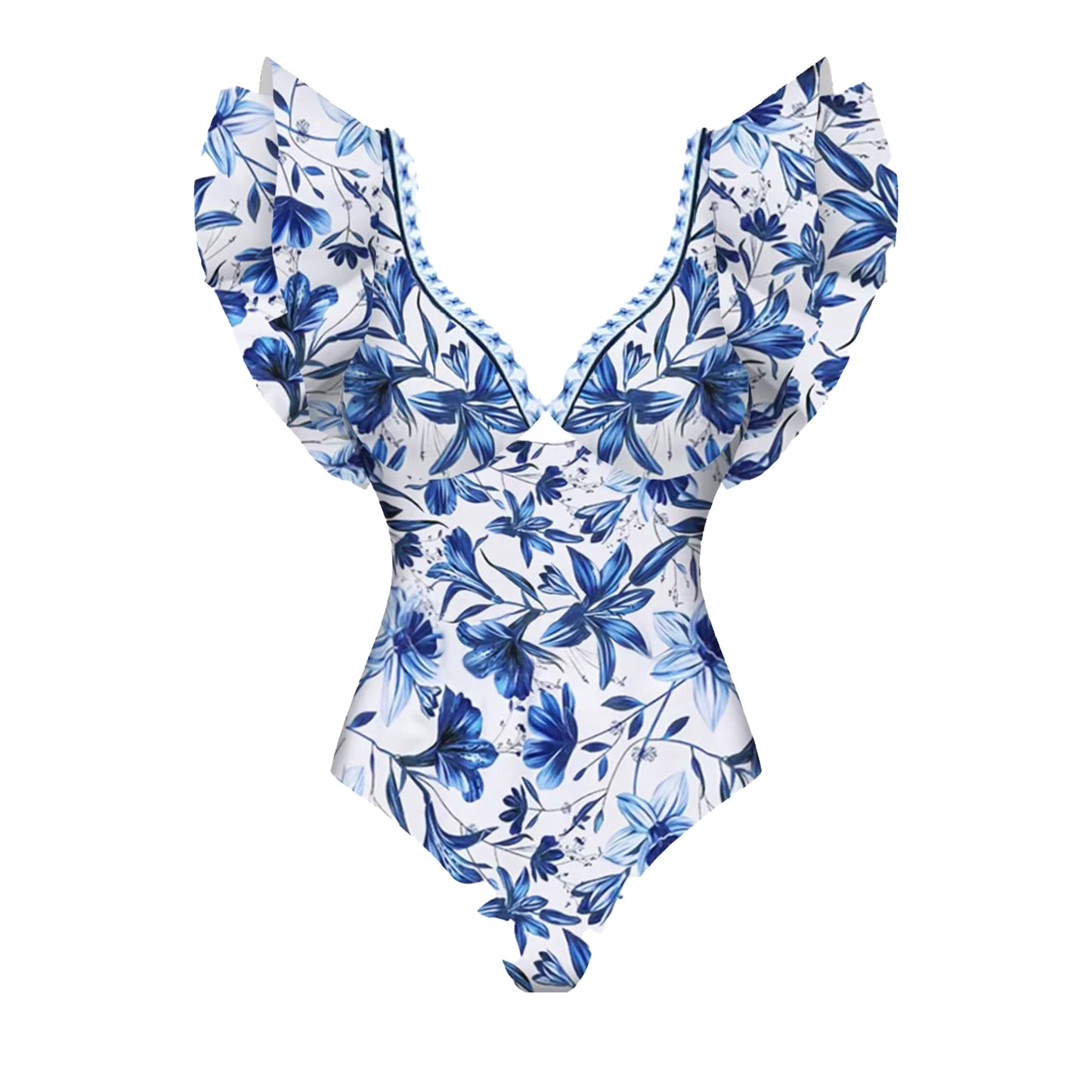 Blue Printed Ruffle One Piece Swimsuit Set