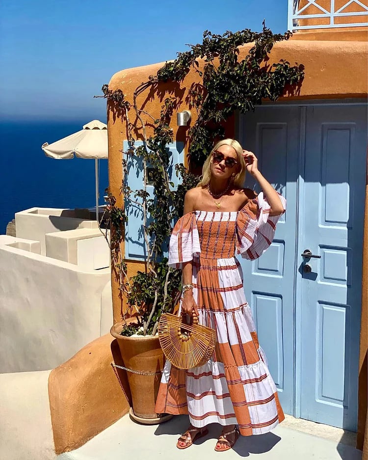 Dbvacay Bandeau Ruffle Striped Printed Maxi Dress