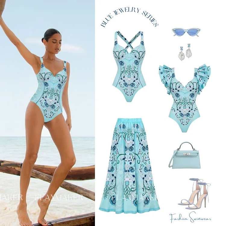 Dbvacay Floral Print Flared Skirt Swimsuit Set