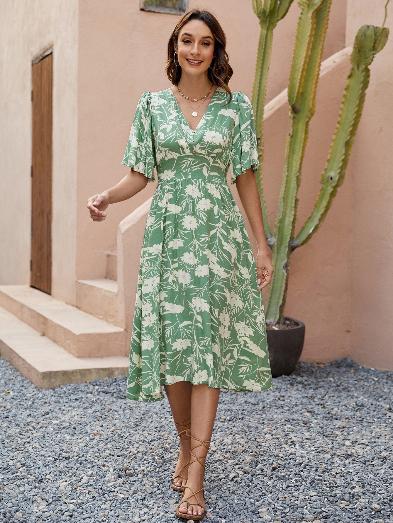 Dbvacay Floral printed V-neck short-sleeved waist-cinching Dress