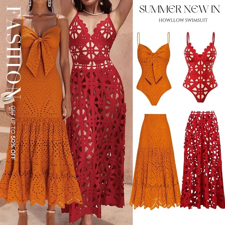 Sling Cut Out Bow Tie One Piece Swimsuit Set
