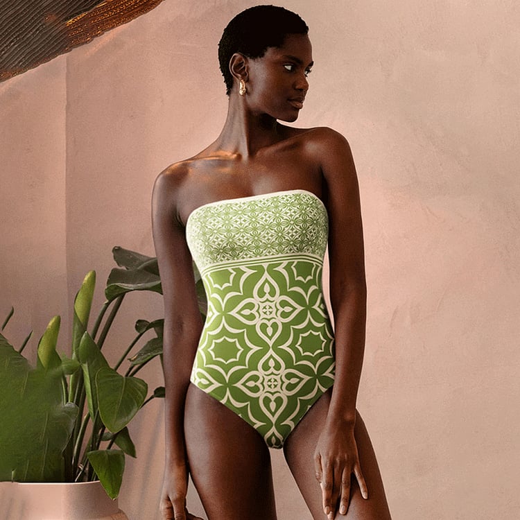 Bandeau Retro Geometry Print One Piece Swimsuit
