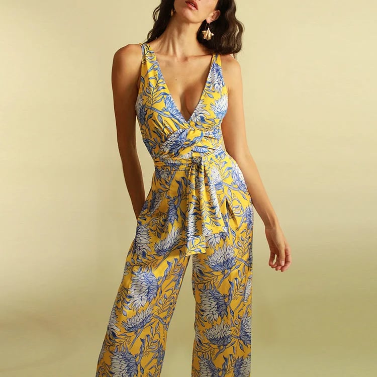 Dbvacay Tie-Waist Floral Print Pants Swimsuit Set
