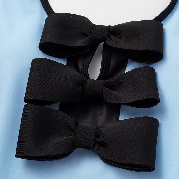 Blue Contrast Bow One Piece Swimsuit Set