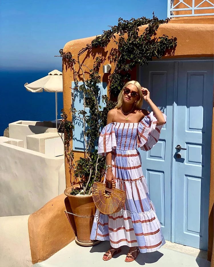 Dbvacay Bandeau Ruffle Striped Printed Maxi Dress