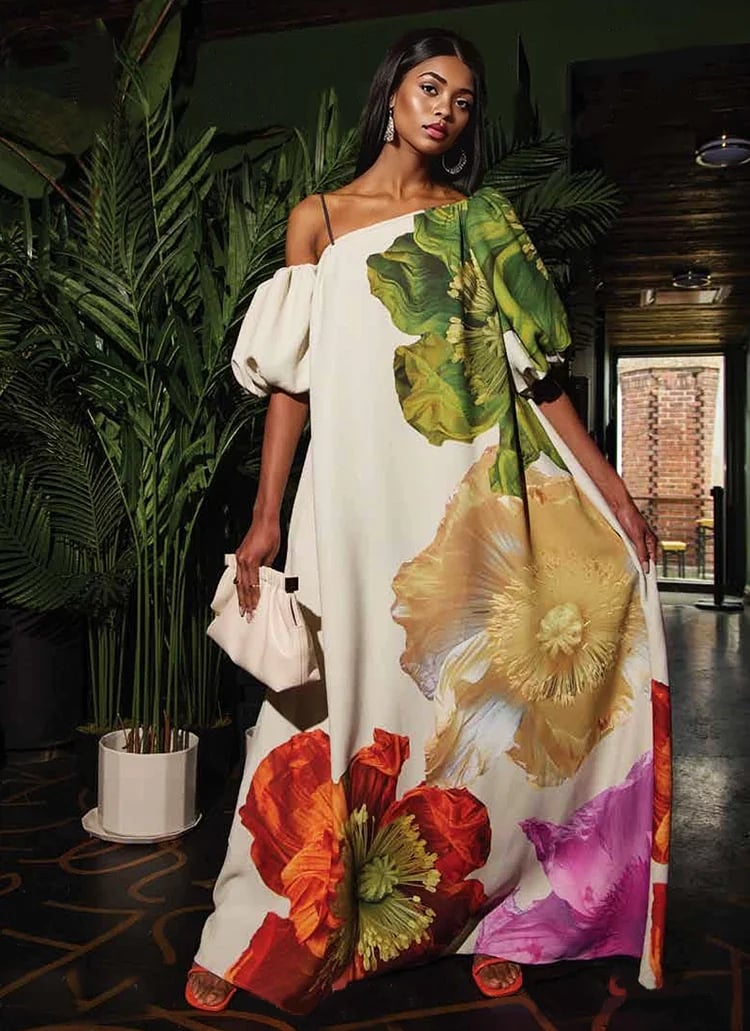 Dbvacay Floral Printed Open Shoulder Maxi Dress