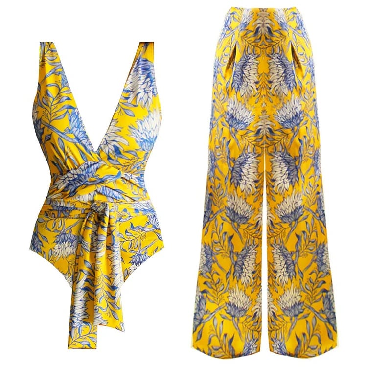 Dbvacay Tie-Waist Floral Print Pants Swimsuit Set