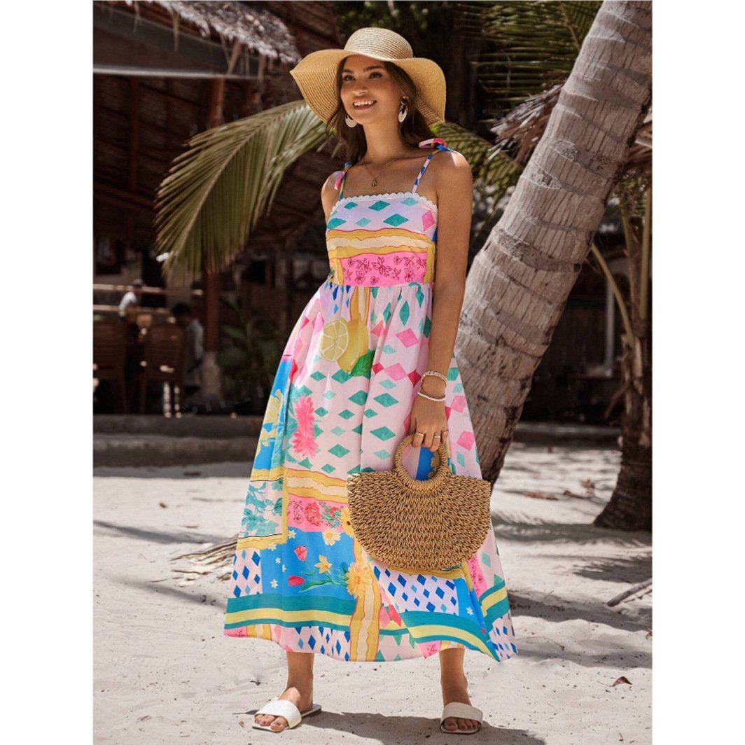 Dbvacay Vacation patchwork printed spaghetti strap Maxi Dress