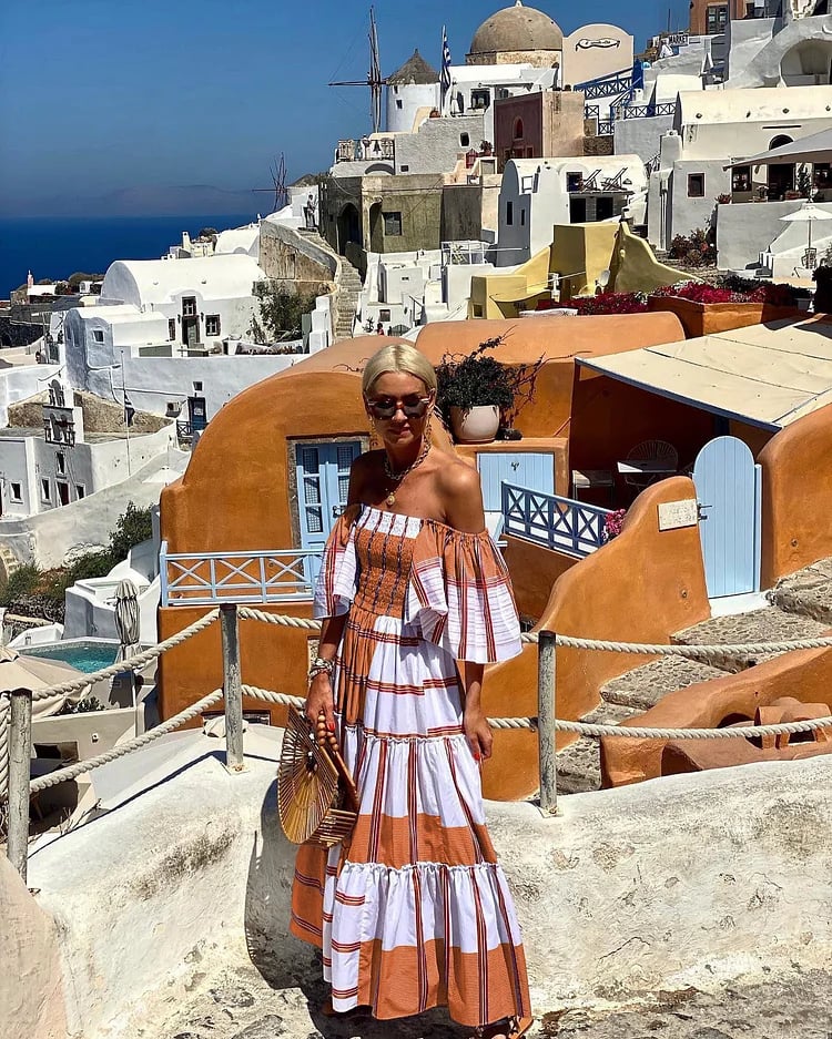 Dbvacay Bandeau Ruffle Striped Printed Maxi Dress
