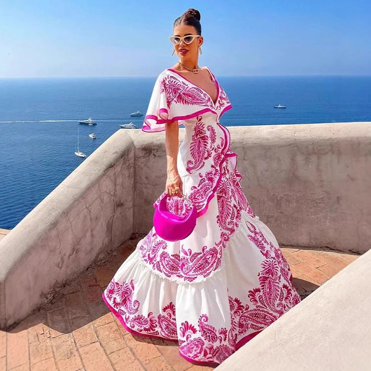 Dbvacay V Neck Ruffle Printed Maxi Dress