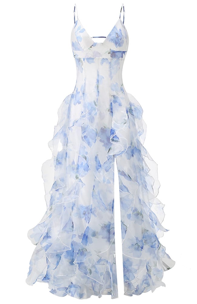 Dbvacay Blue Floral Ruffled Maxi Dress