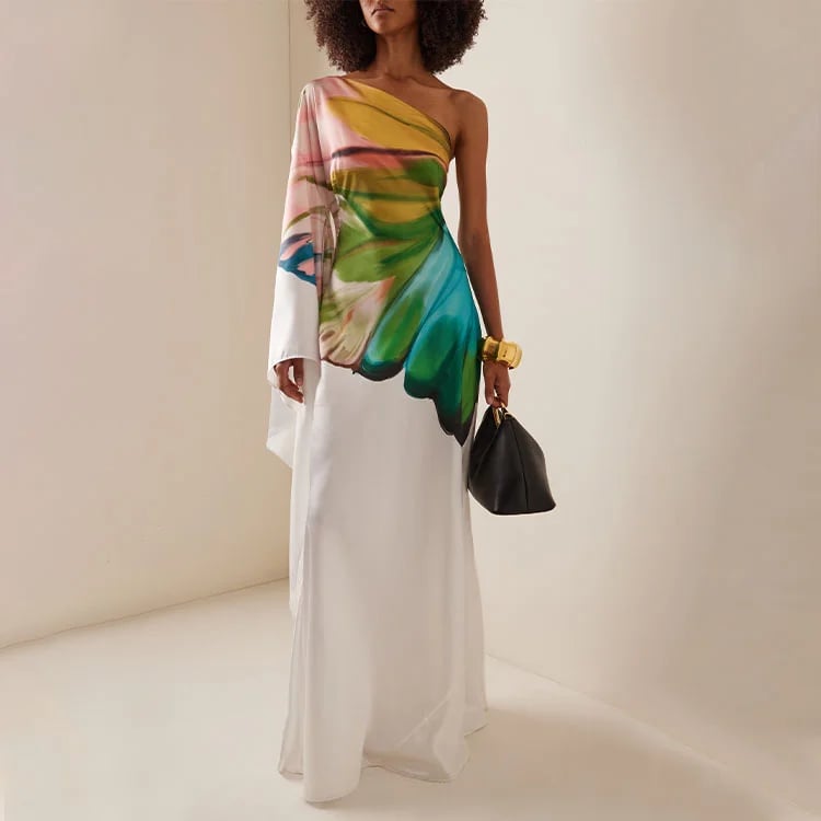 Dbvacay Oblique shoulder Papillon Print Maxi Dress