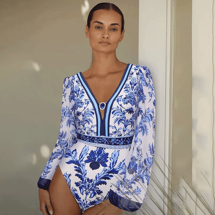 Long Sleeve Flower Color Block Print Swimsuit Set