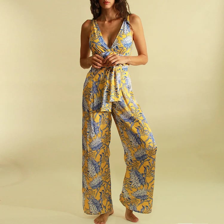 Dbvacay Tie-Waist Floral Print Pants Swimsuit Set