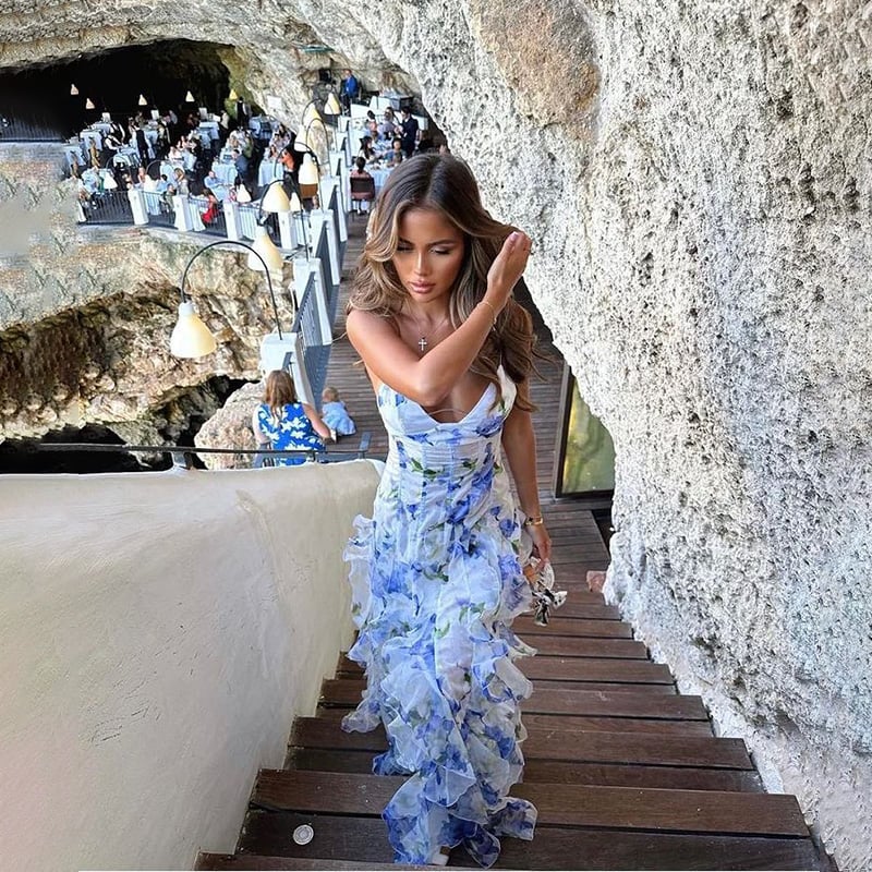 Dbvacay Blue Floral Ruffled Maxi Dress