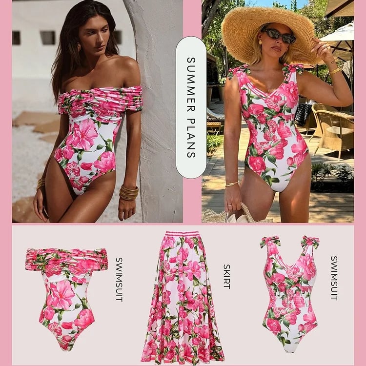 Tie Shoulder Flower Print One Piece Swimsuit Set