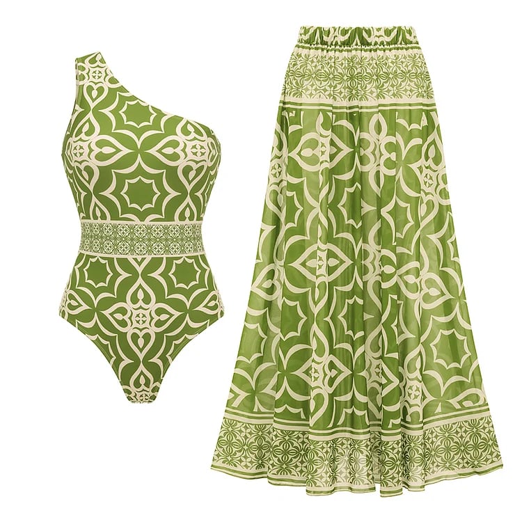 One Shoulder Retro Print One Piece Swimsuit Set