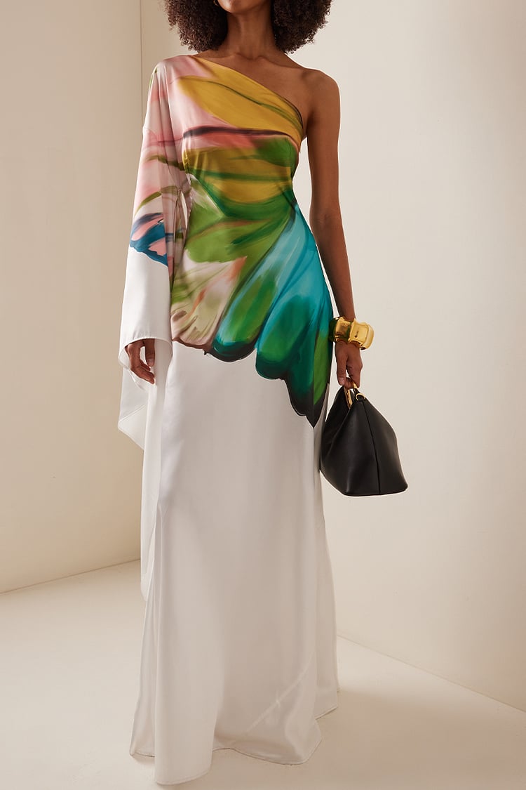Dbvacay Oblique shoulder Papillon Print Maxi Dress
