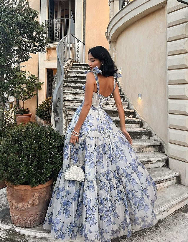 Dbvacay Blue Printed Fairy-style Maxi Dress
