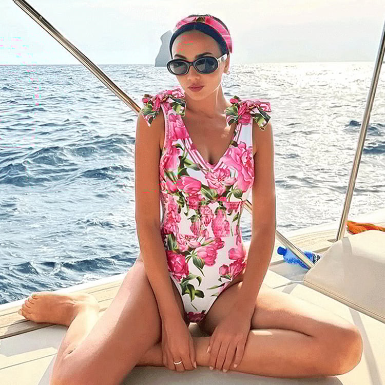 Tie Shoulder Flower Print One Piece Swimsuit Set