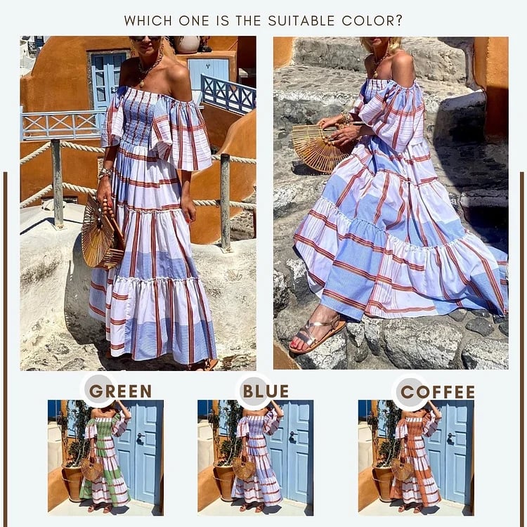 Dbvacay Bandeau Ruffle Striped Printed Maxi Dress