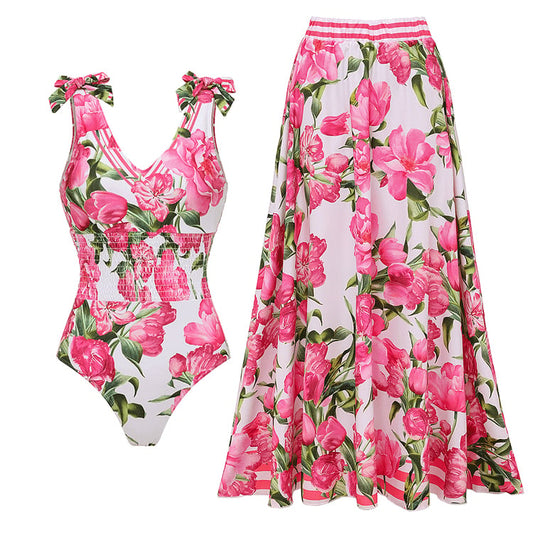 Tie Shoulder Flower Print One Piece Swimsuit Set