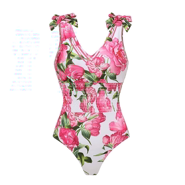 Tie Shoulder Flower Print One Piece Swimsuit Set