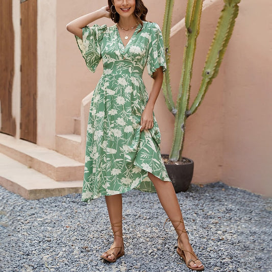 Dbvacay  Floral printed V-neck short-sleeved waist-cinching Dress