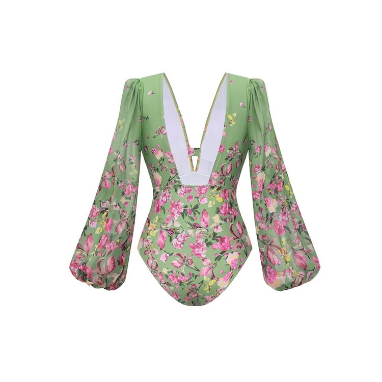 Long Sleeve Floral One Piece Swimsuit Set