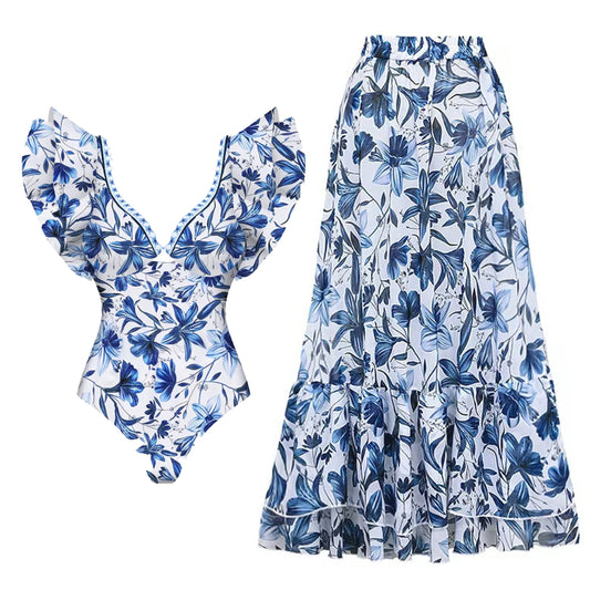 Blue Printed Ruffle One Piece Swimsuit Set