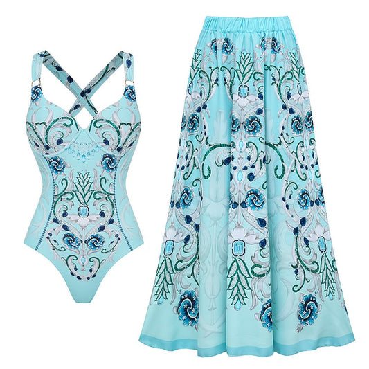 Dbvacay  Floral Print Flared Skirt Swimsuit Set
