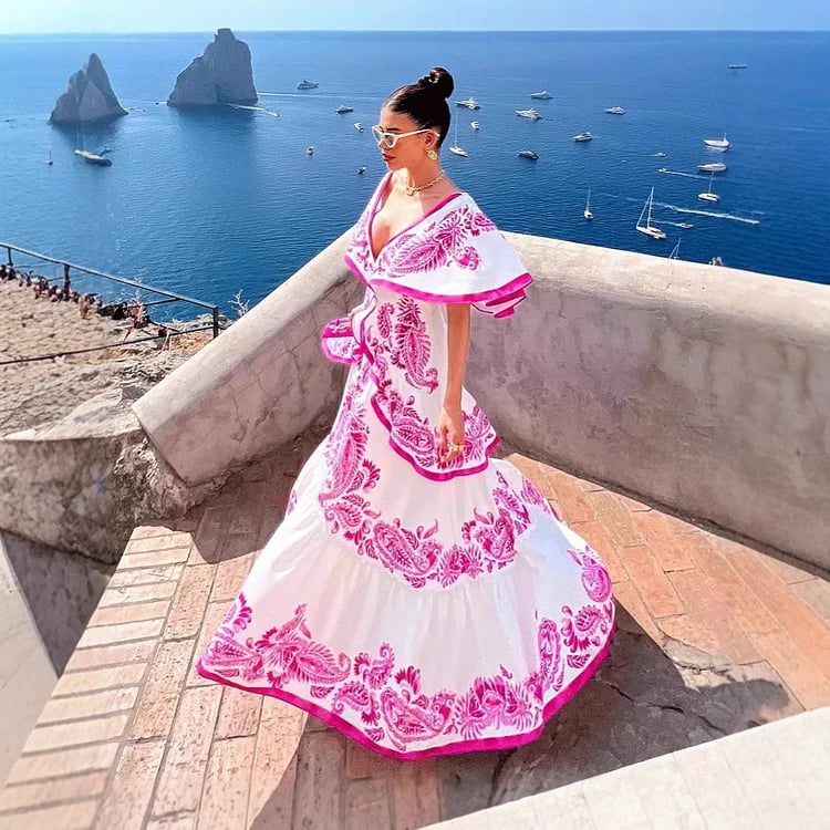 Dbvacay  V Neck Ruffle Printed Maxi Dress