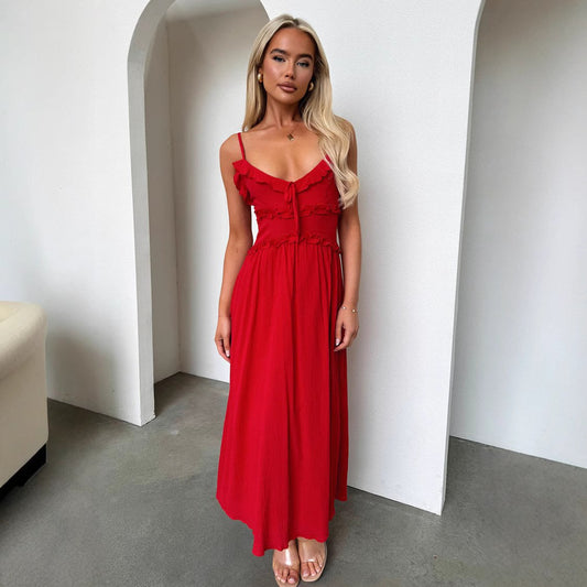 Dbvacay  Red halterneck ruffled  Maxi  Dress