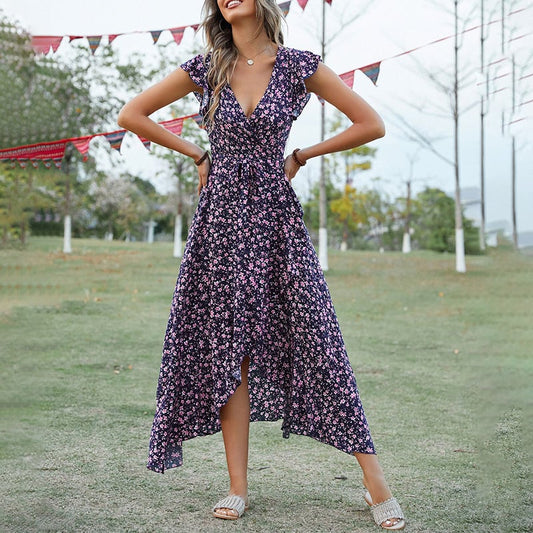 Dbvacay  V neck Bohemian vacation style tie up Maxi Dress