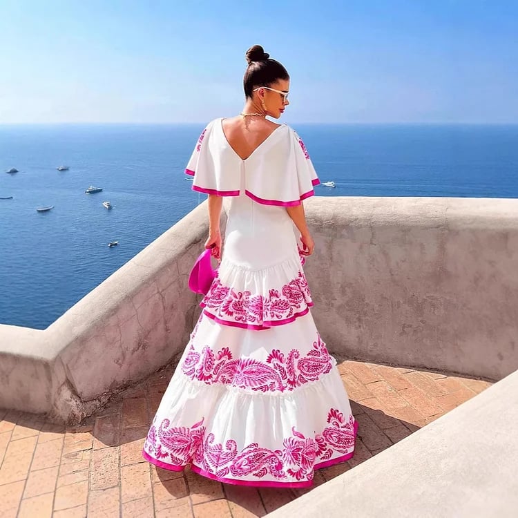 Dbvacay  V Neck Ruffle Printed Maxi Dress