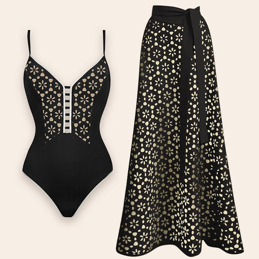 Black Laser Cutting Flower Hollow One Piece Swimsuit Set