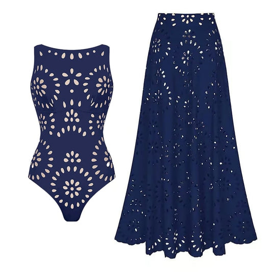 Laser Cutting Flower Hollow Flared Skirt Swimsuit Set