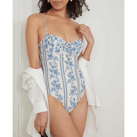 Blue Print One Piece Skirt Swimsuit Set