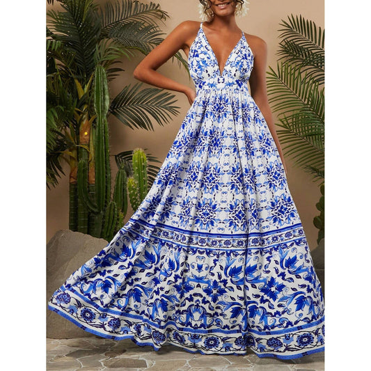 Dbvacay  Blue Printed V Neck Sling Maxi Dress