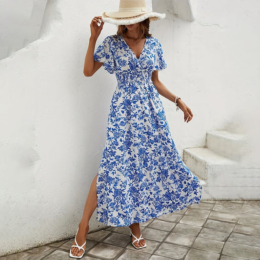 Dbvacay  V-neck blue floral-printed slimming Maxi Dress