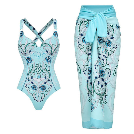Dbvacay  Floral Print Flared Skirt Swimsuit Set